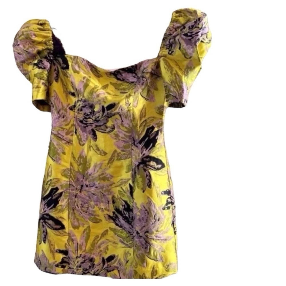 NBD Revolve yellow purple puff sleeve mini floral Metallic dress NWOT small